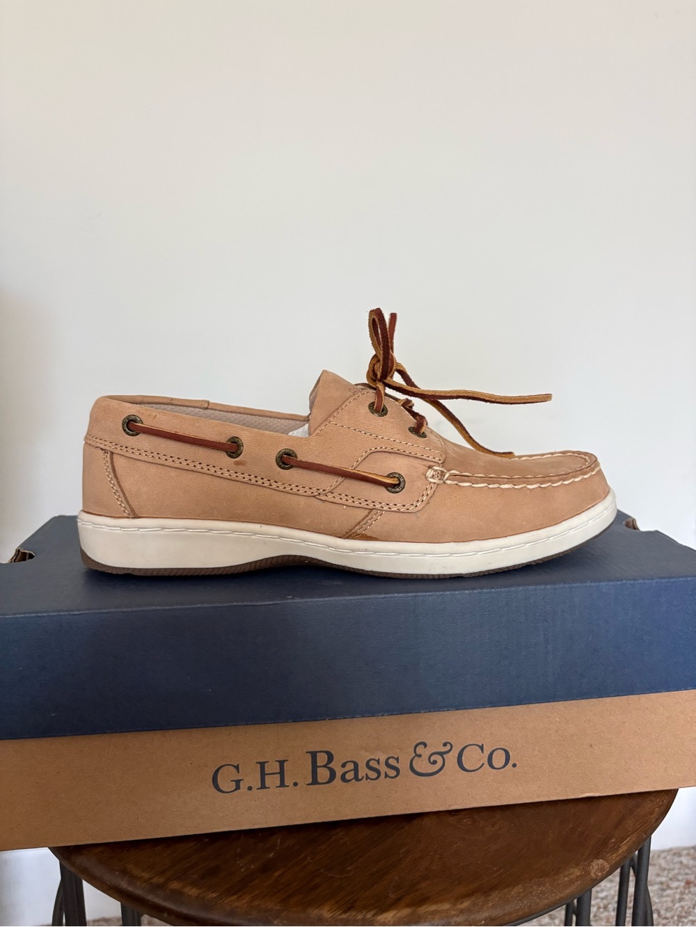 Bass Beige/Tan Leather Boat Shoes with White Sole